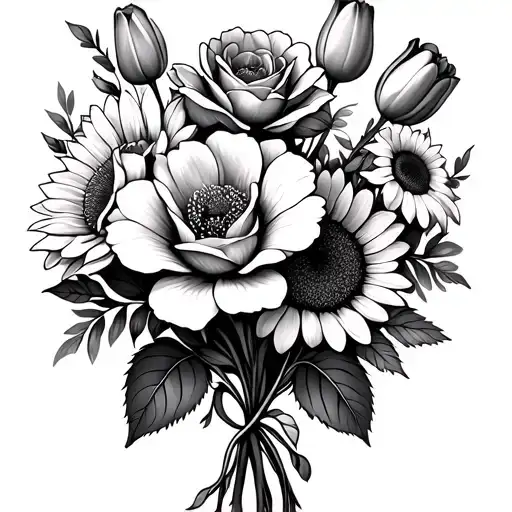long skinny bouquet of wild roses, sun flowers and tulips tattoo design idea