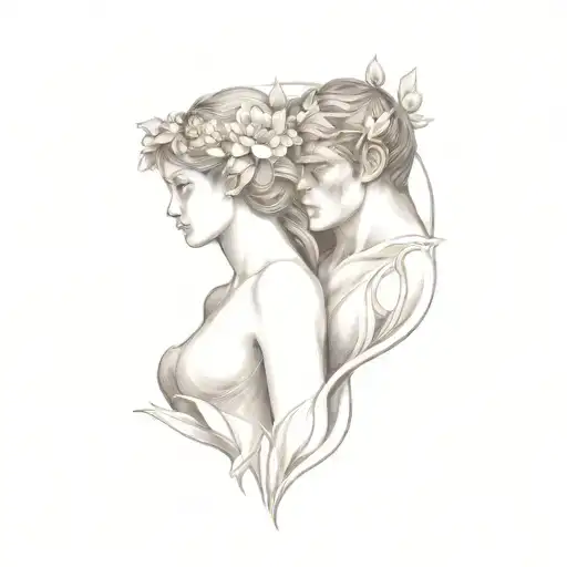 hades and persephone surrounded by narcissus flower tattoo design idea