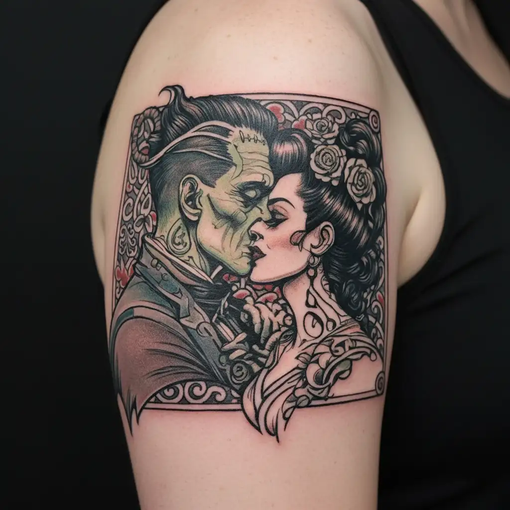 bride of Frankenstein kissing Frankenstein profile portrait tattoo design idea