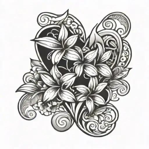 surfboards incorporated into the design  wave heart plumeria flowers  tattoo design idea
