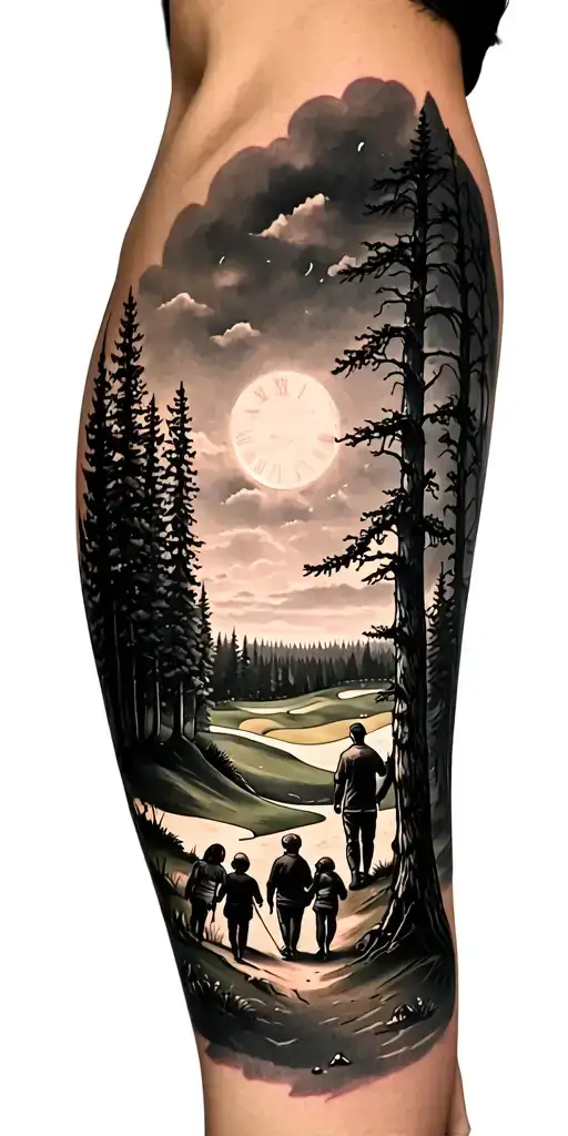beautiful forest scene with black sky with family walking and golf course and time tattoo design idea
