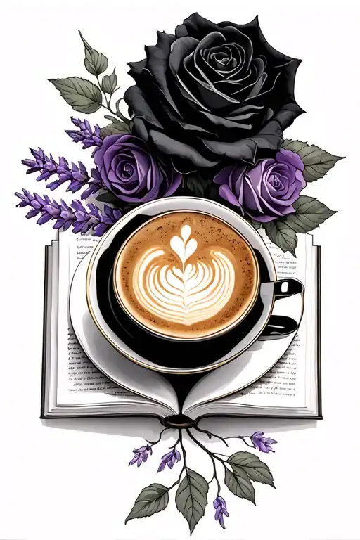 Gothic, open book with a tea latte, lavender,  and black roses tattoo design idea