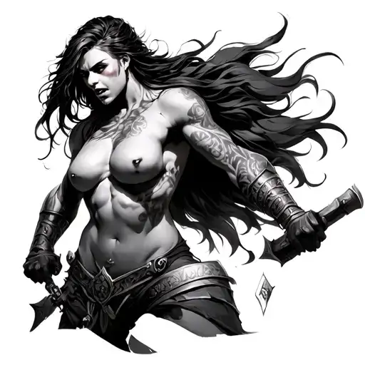 rage, female warrior, germanic, anger, revenge , naked, large breast, animalistic tattoo design idea