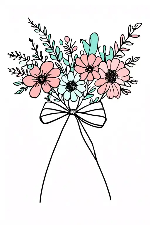 bouquet birth flowers of august, september, december, and janurary with a minimilistic bow tieing them together tattoo design idea