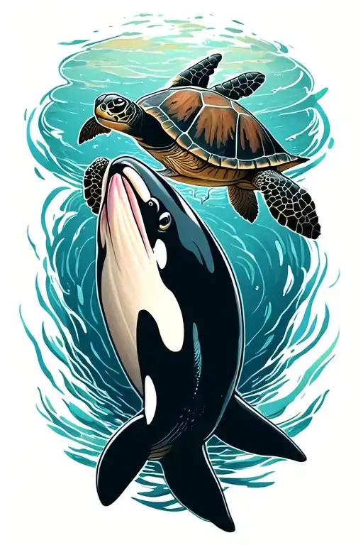 orca whale swimming in a sea turtle tattoo design idea
