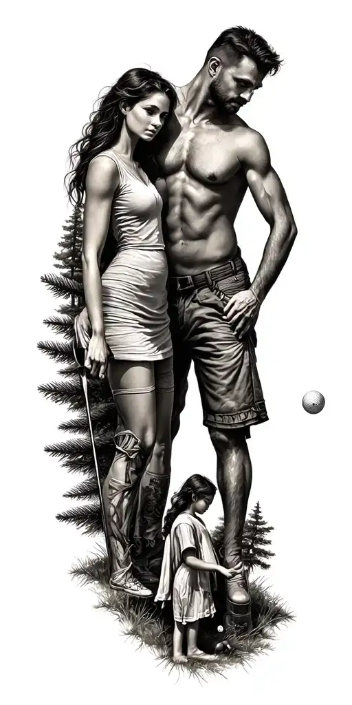 pine forest and father and mother and daughter and son and daughter and golf and time tattoo design idea