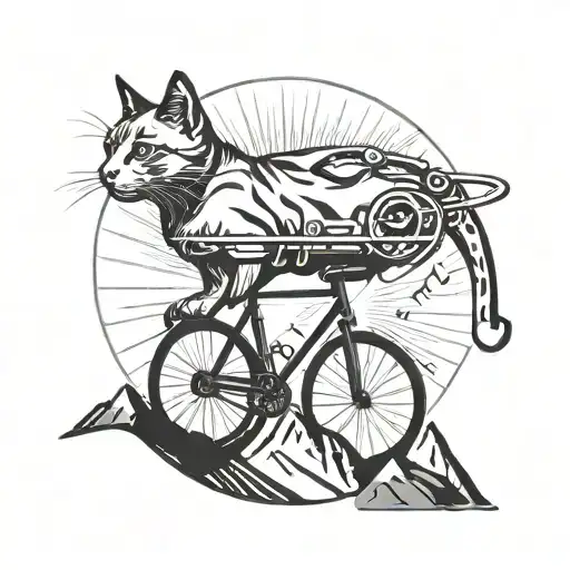 An elegant and stylized silhouette of a cat perched on top of a mountain peak, with a bicycle wheel incorporated into the design as a symbol of overcoming challenges and reaching new heights tattoo design idea