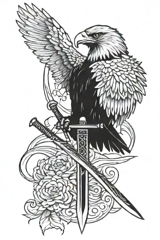katana with eagle head and wings tattoo design idea