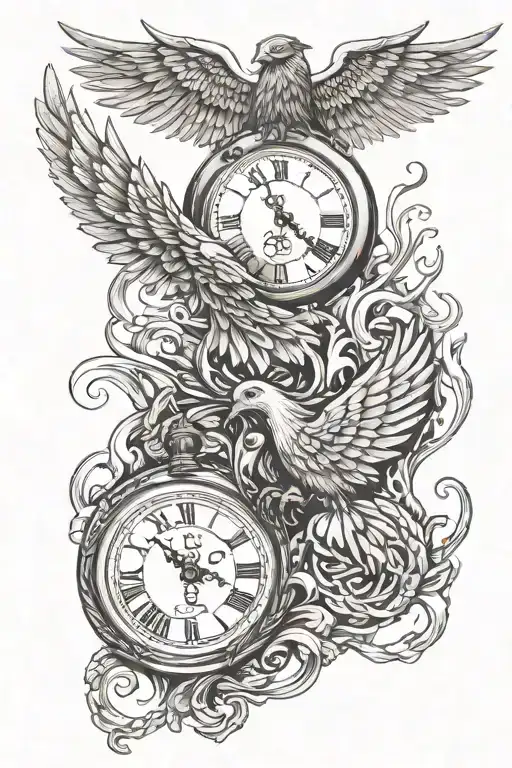 pocket watch and phoenix rising from the ashes tattoo design idea