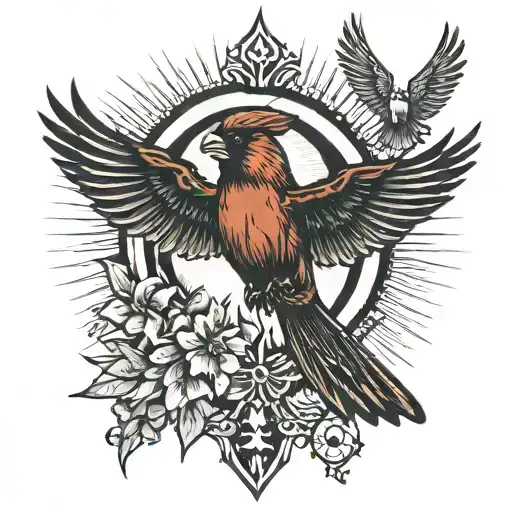 flying cardinal cross and sunrays tattoo design idea