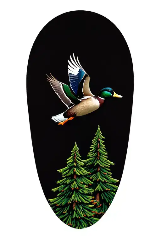 mallard duck flying past pine trees tattoo design idea