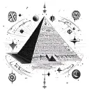 : A composition featuring a pyramid with ancient celestial symbols (Anunnaki, Sumerian writing) orbiting it like a plane tattoo design idea