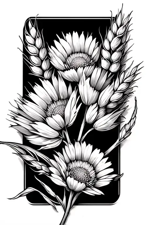 ears of wheat and calendula with arabesque for forearms tattoo design idea