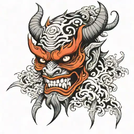 japanese oni mask split in half tattoo design idea