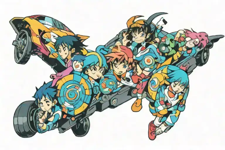 Imagine a vibrant mural representing childhood nostalgia from the late '80s to early 2000s. tattoo design idea