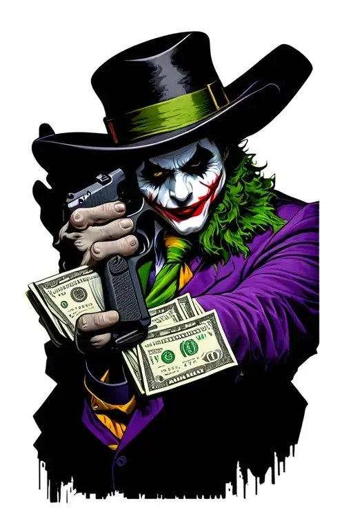 "Fuck villawood" joker holding a Glock pistol black and bundle of money grey  tattoo design idea