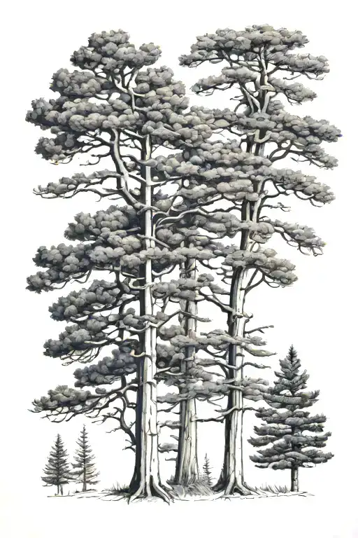 three trees in a row - a Redwood, a Monterey Pine, and a White Spruce tattoo design idea