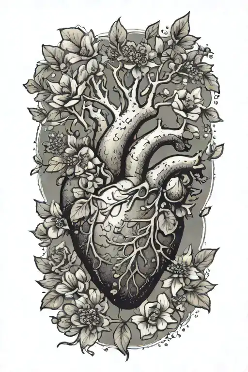 May, August, October, November, February birth flowers growing from tree branches and small anatomical heart tattoo design idea
