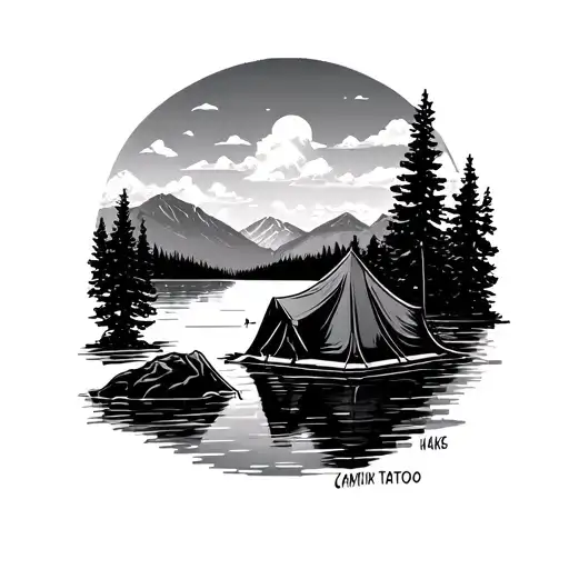 camping and lake scene tattoo design idea