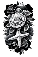roses and clouds surrounding turtle and starfish tattoo design idea