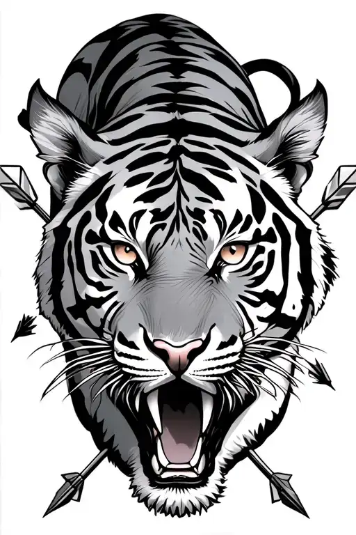tiger crawling with four eyes and arrows sticking out tattoo design idea