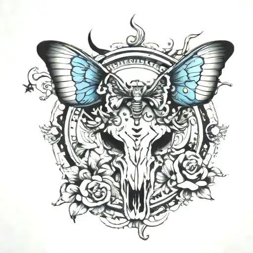 butterfly, cow skull, half sun, upside down crescent tattoo design idea