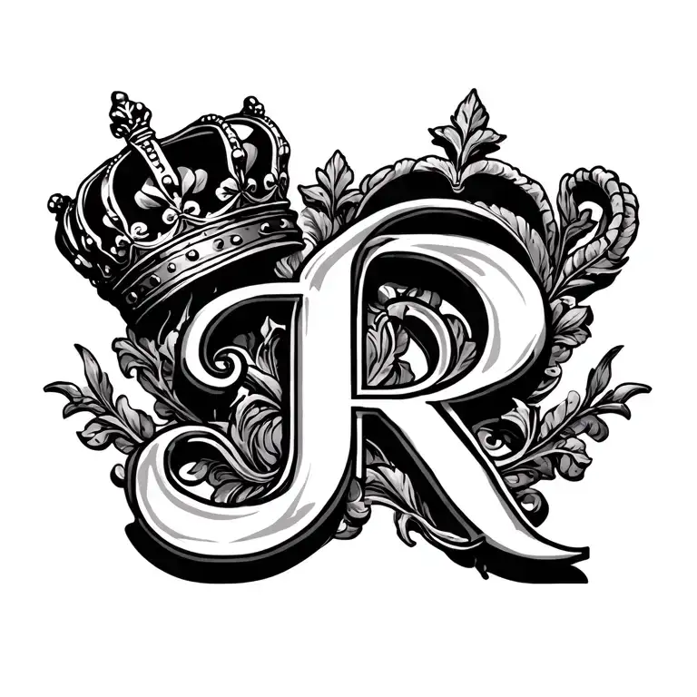 An  "R" letter with a big queen crown, and the crown is little tilted on the letter tattoo design idea