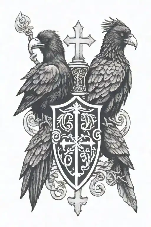 Rooker family crest tattoo incorporating castle rookery 6 crows Celtic cross tattoo design idea