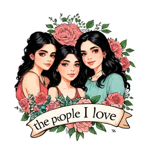 the text "the people I love" with a group of 3 girl friends tattoo design idea