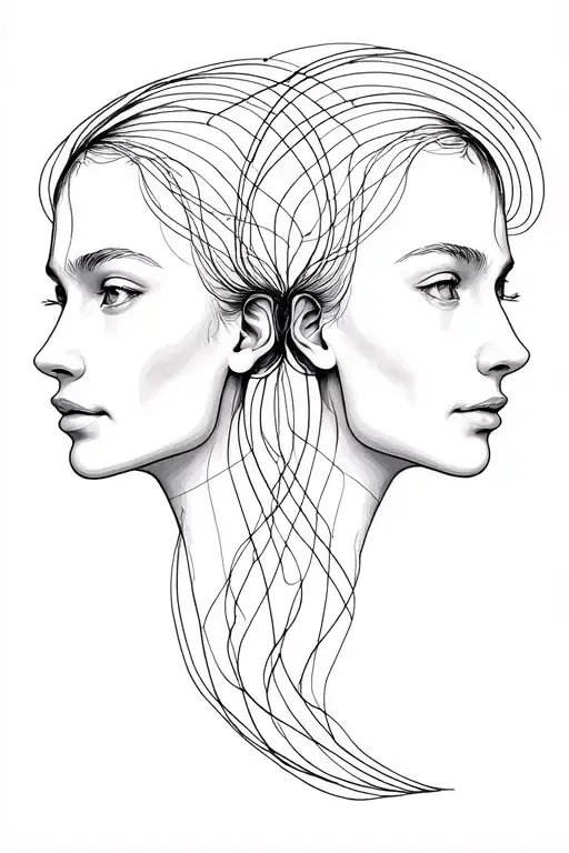 Two mirrored faces in profile (classic Gemini symbol), but made with thin lines of an electrical circuit instead  tattoo design idea