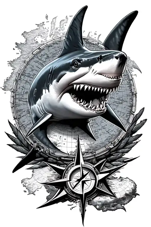 black and white shark with map and compass surrounded tattoo design idea