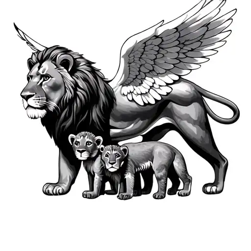 lion with cubs one cub angel wings  tattoo design idea