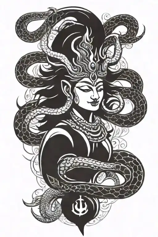 sun shiva trident in the middle. cobra wrapped around the trident and cobra tail shapes into OM symbol  tattoo design idea