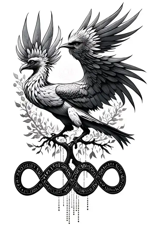 Phoenix bird with infinity symbol made by morse code and tree of life tattoo design idea