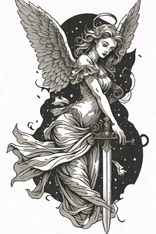 biblically accurate angel with female features surrounded by stars and it has a sword pointing downwards  tattoo design idea