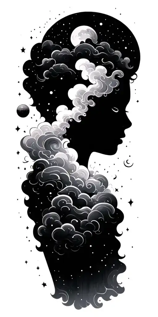 Cloudy head silhouette in space daydreaming tattoo design idea