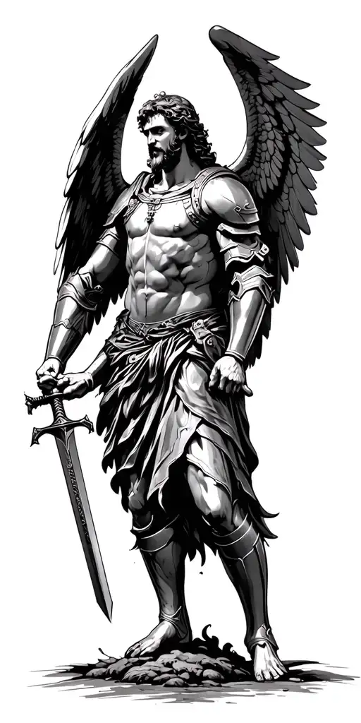st. michael in armor with wings holding sword stabbing satan tattoo design idea