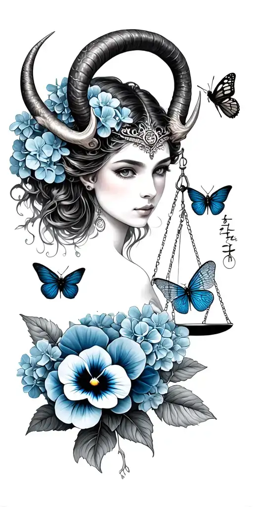 Capricorn woman with horns, Libra scales, pansy flower, butterfly, dragon fly, beetle, tiny blue hydrangea petals tattoo design idea