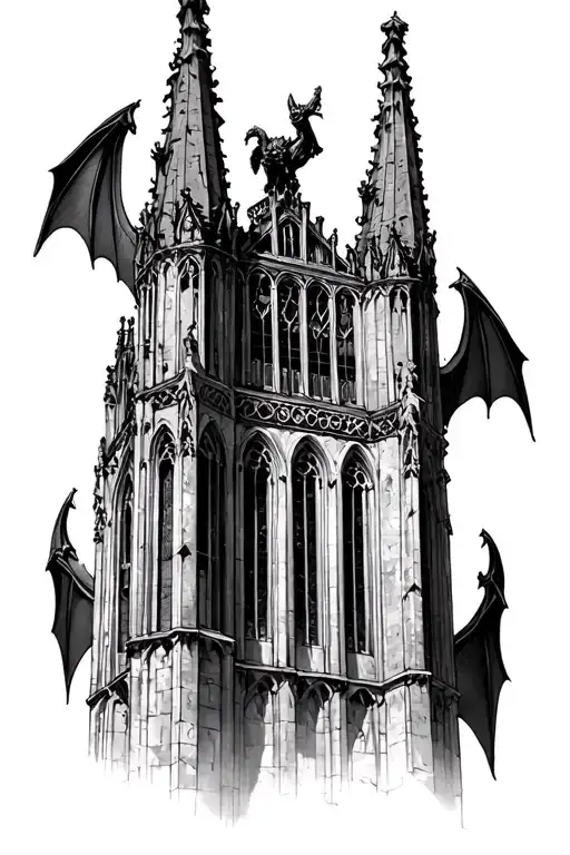 A Gothic tower resembling the Cologne Cathedral, with gargoyles perched on it, featuring bat-like wings. tattoo design idea
