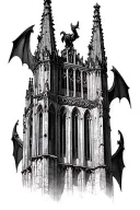 A Gothic tower resembling the Cologne Cathedral, with gargoyles perched on it, featuring bat-like wings. tattoo design idea