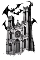 A Gothic tower resembling the Cologne Cathedral, with gargoyles perched on it, featuring bat-like wings. tattoo design idea