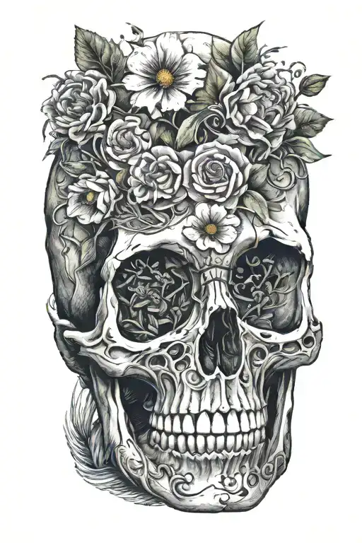 flowers growing out of a skull  tattoo design idea