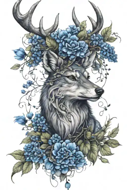 wolf deer, raven on horns, blue flowers, vine with thorns tattoo design idea