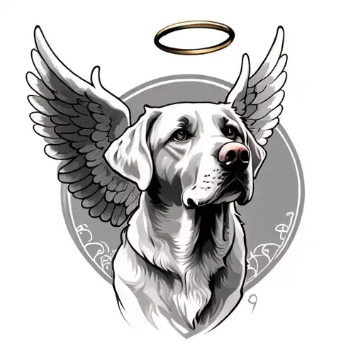 A memorial tattoo of a silver Labrador with angel wings and a halo, symbolizing the beloved dog's spirit watching over you tattoo design idea