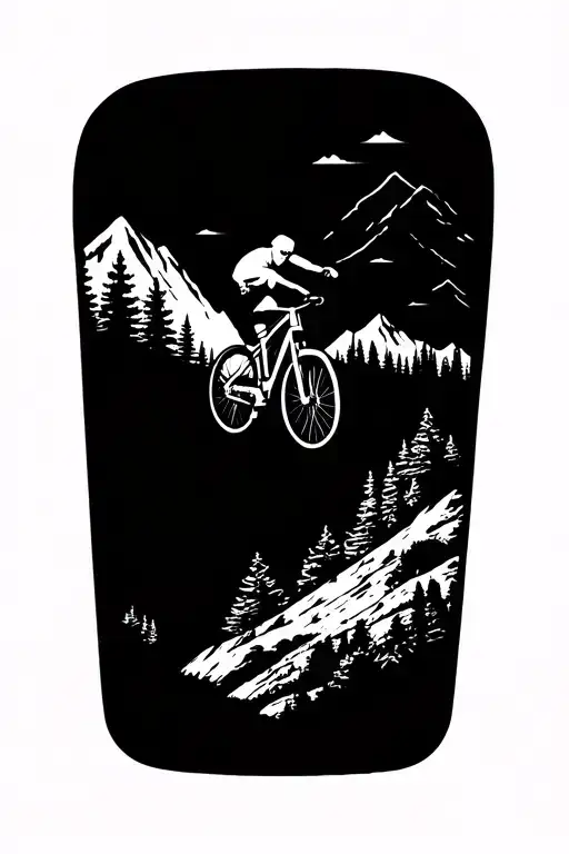 Incorporate a detailed mountain bike silhouette into a mountain landscape scene tattoo design idea