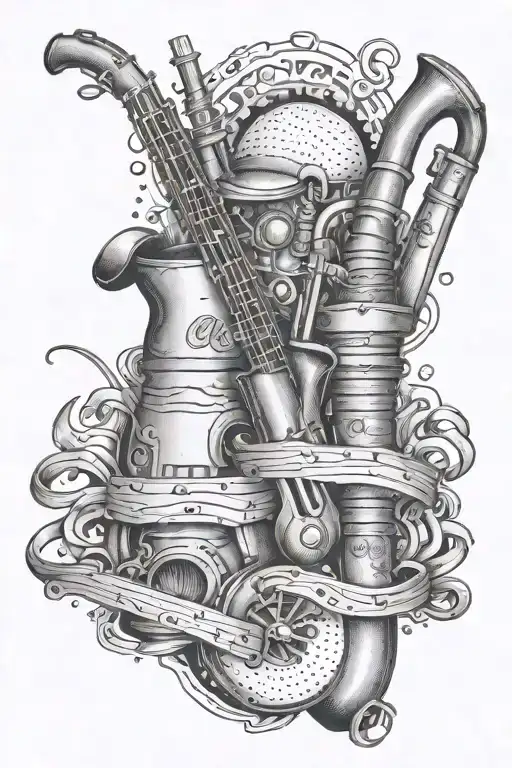 A tattoo design of a country music scene with pipes and tools in a dotwork style, reflecting the client's passion for music and plumbing tattoo design idea