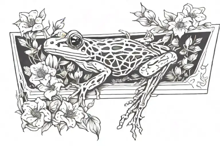 Symmetrical tree frog skeleton inside coffin outline surrounded by flowers tattoo design idea