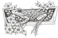Symmetrical tree frog skeleton inside coffin outline surrounded by flowers tattoo design idea