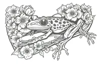 Symmetrical tree frog skeleton inside coffin outline surrounded by flowers tattoo design idea