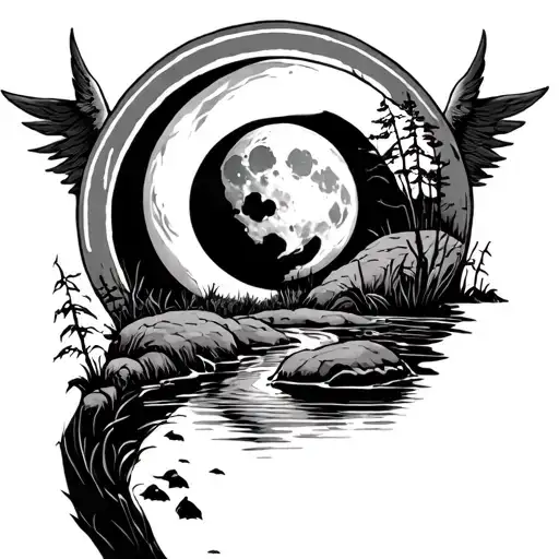 halo around the moon surronded by a brook one piece tattoo design idea